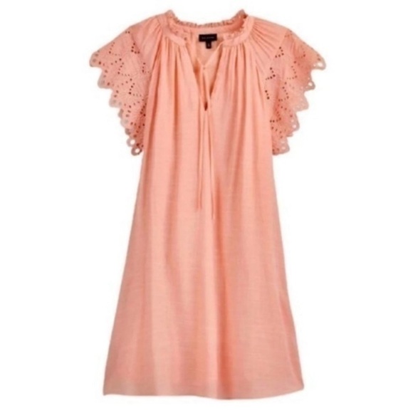 CORAL PEACH CASUAL FLOWY DRESS WITH EYELET FLUTTER SLEEVES XS - Picture 1 of 8
